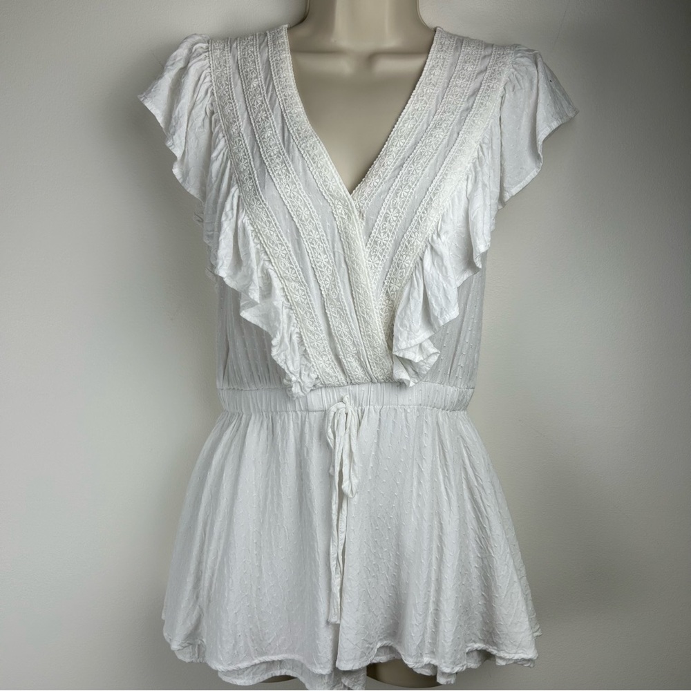 Ruffle V-Neck Skirted Romper with Lace Embellishments sz S Coquette Angelcore